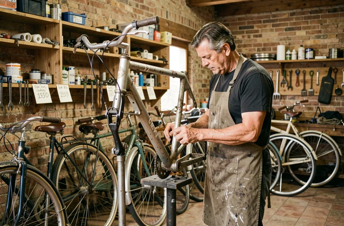 Mécanicien inspectant un vélo électrique d'occasion dans l'atelier historique de La Roue Libre Nice