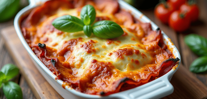 Lasagne de zucchini fraîche dans un plat en céramique vue de dessus