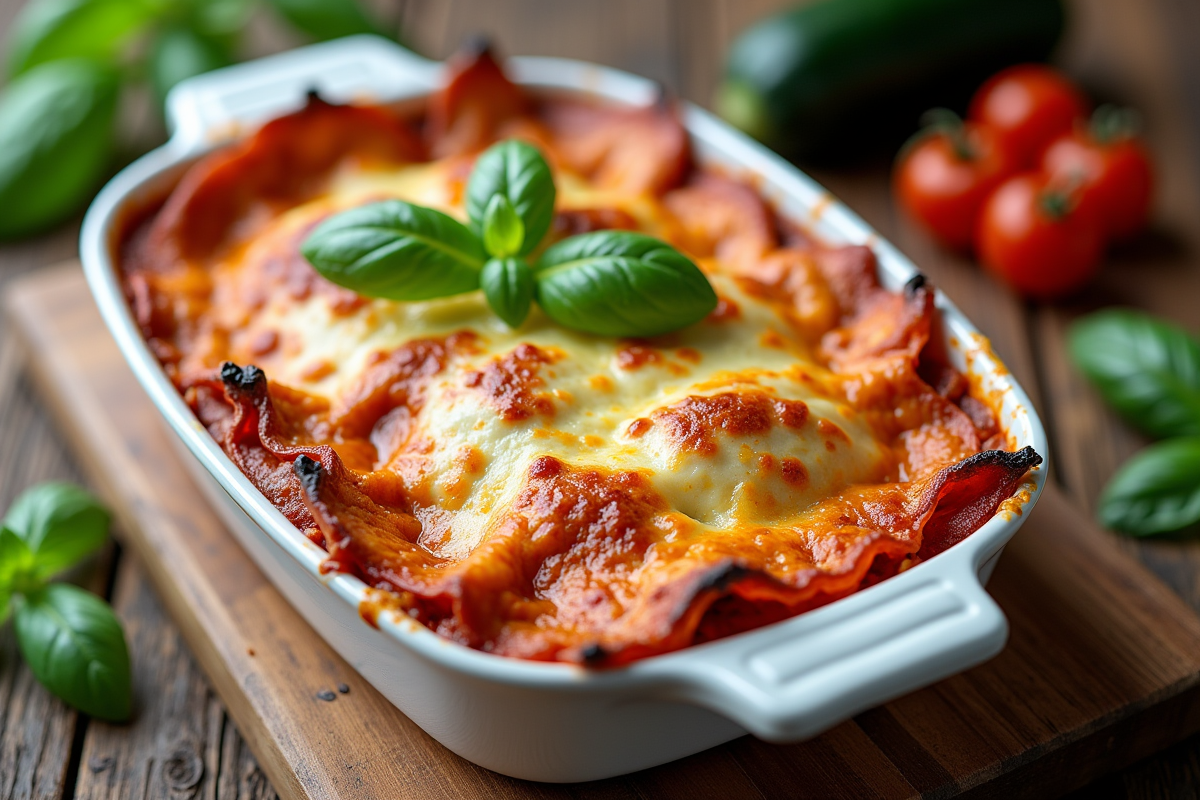 Lasagne de zucchini fraîche dans un plat en céramique vue de dessus