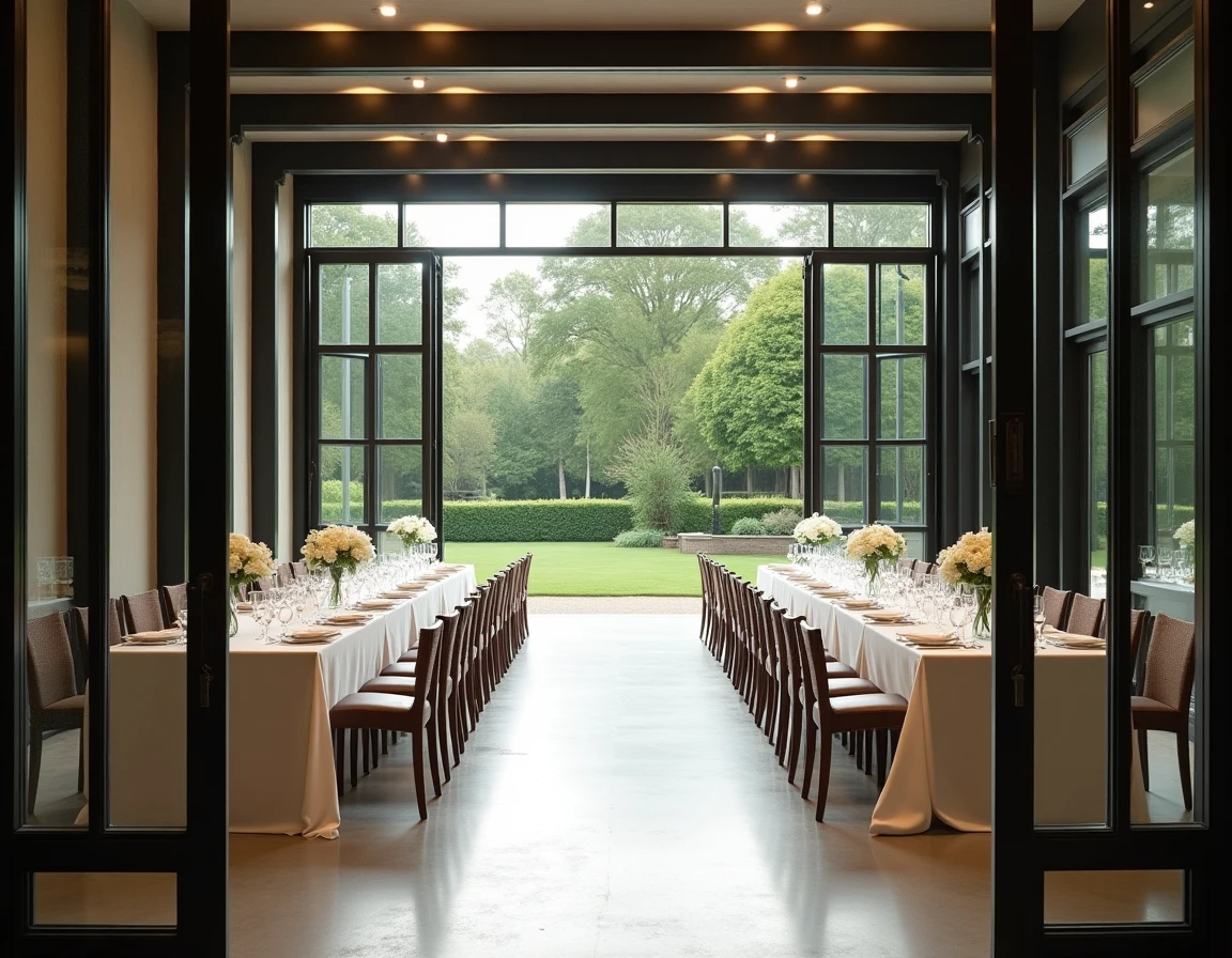 Salle de réception Le Pavillon avec vue sur jardin et décoration contemporaine raffinée
