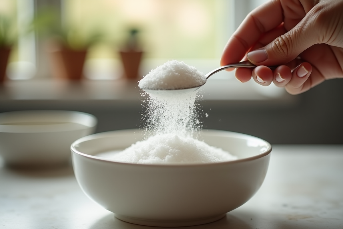 Main nivelant une cuillère à soupe de sucre en poudre