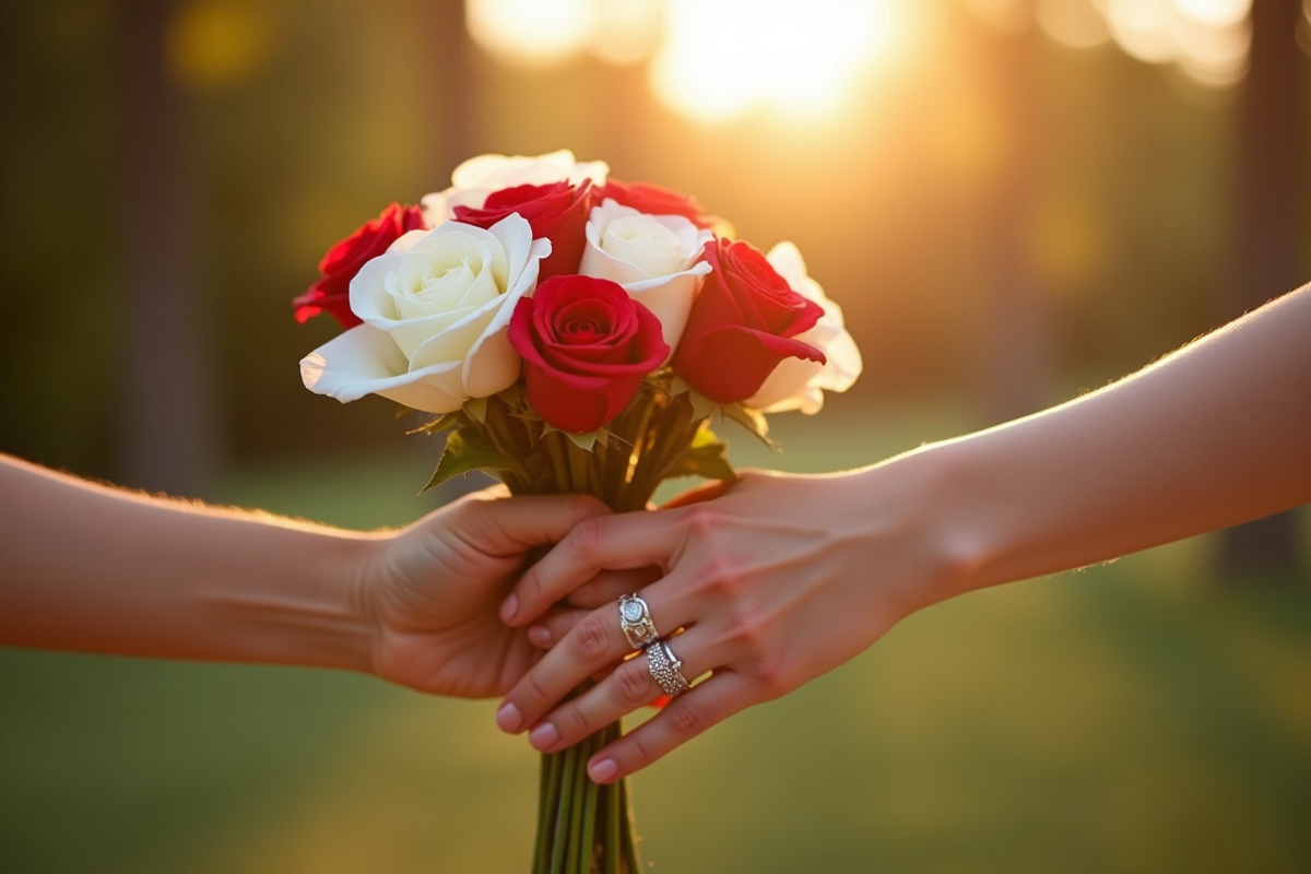 Mains entrelacées avec alliance et roses blanches et rouges