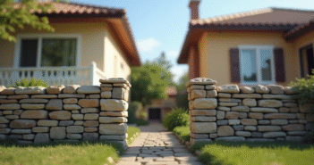 Deux maisons avec mur en pierre en plein soleil