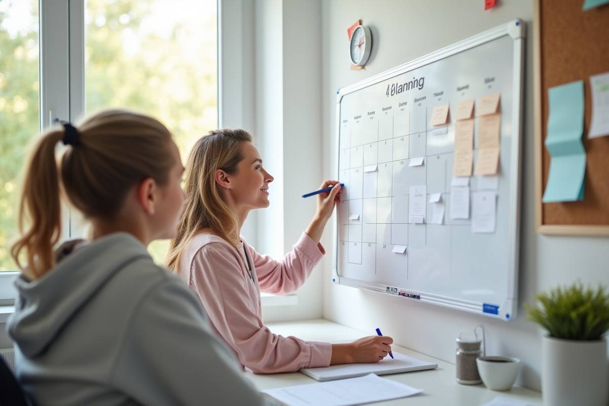 Maman et fille planifiant sur un tableau blanc moderne