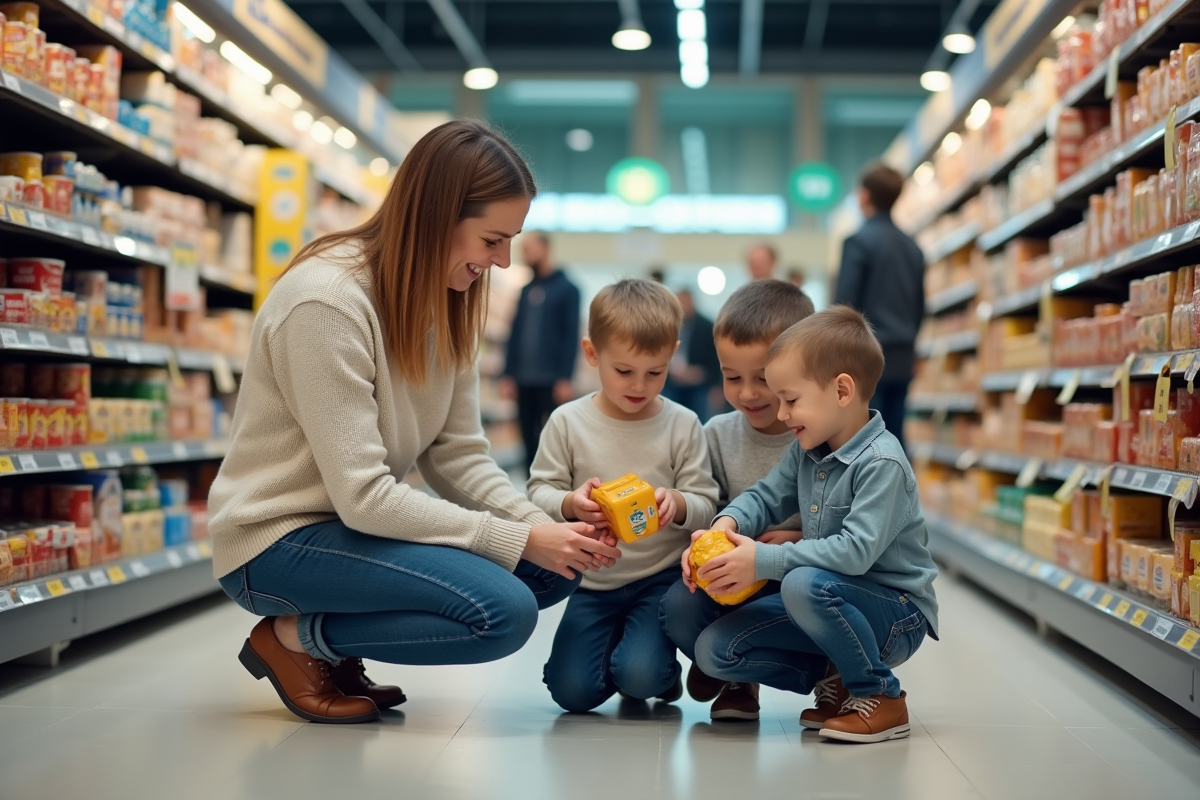 Maman avec ses enfants comparant les prix dans un supermarché