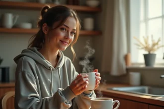 Jeune femme fatiguée après une soirée tenant un café le matin dans sa cuisine, ambiance cozy et détendue