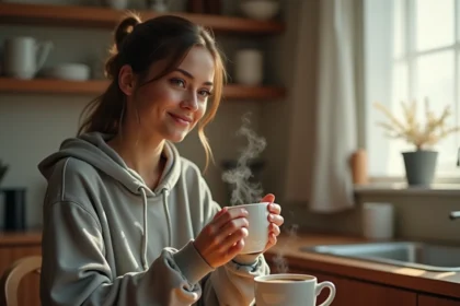 Jeune femme fatiguée après une soirée tenant un café le matin dans sa cuisine, ambiance cozy et détendue