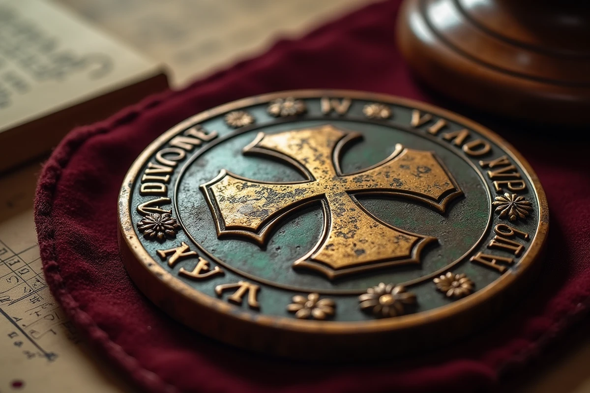 Médaillon en bronze antique gravé d'une croix de Lorraine à double traverse avec inscriptions latines, posé sur velours bordeaux dans un contexte de recherche archivistique