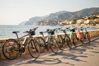 Vélos électriques garés le long de la promenade des Alpes-Maritimes avec la mer Méditerranée en arrière-plan