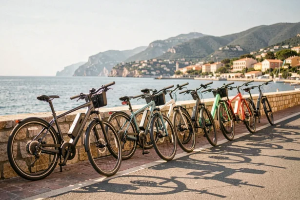 Vélos électriques garés le long de la promenade des Alpes-Maritimes avec la mer Méditerranée en arrière-plan