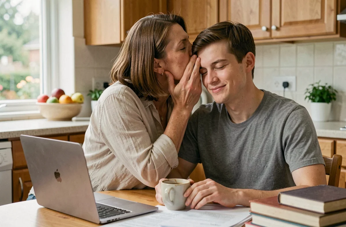 Mère embrassant le front de son fils étudiant à la maison pour l'encourager avant ses examens