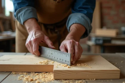 Mains d'artisan mesurant une planche en bois avec une règle graduée en pouces et centimètres dans un atelier de menuiserie