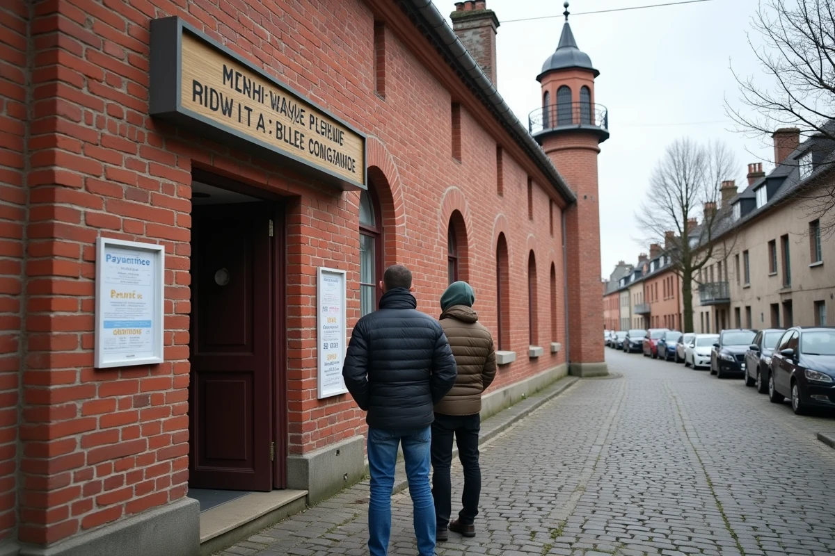 Façade d'une mosquée de quartier à Roubaix avec un tableau des horaires de prière affiché à l'entrée