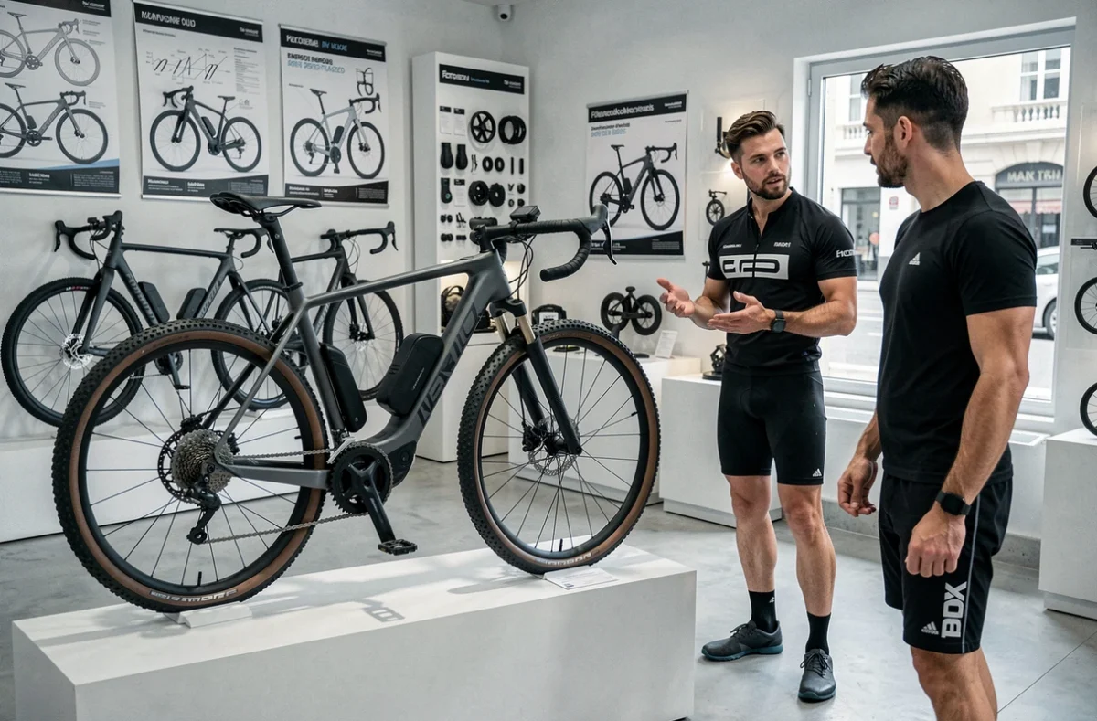 Vendeur présentant un vélo électrique gravel haut de gamme à un client sportif dans la boutique Neway Bike Shop Nice