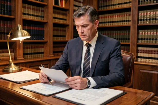Notaire homme d'une cinquantaine d'années assis à son bureau en bois massif, examinant des actes notariés officiels dans un bureau classique aux murs lambrissés