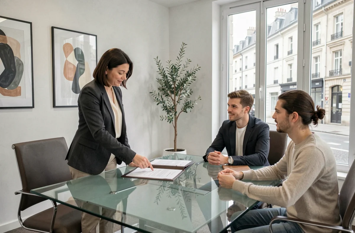 Notaire femme expliquant un acte notarié à un couple de clients autour d'une table de réunion moderne dans une étude notariale contemporaine