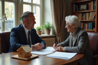 Notaire senior expliquant des documents à une cliente âgée dans un bureau lumineux