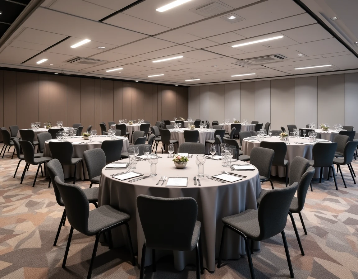 Salle de réception du Novotel Rouen Sud Zénith Parc Expo avec configuration banquet moderne et décoration épurée