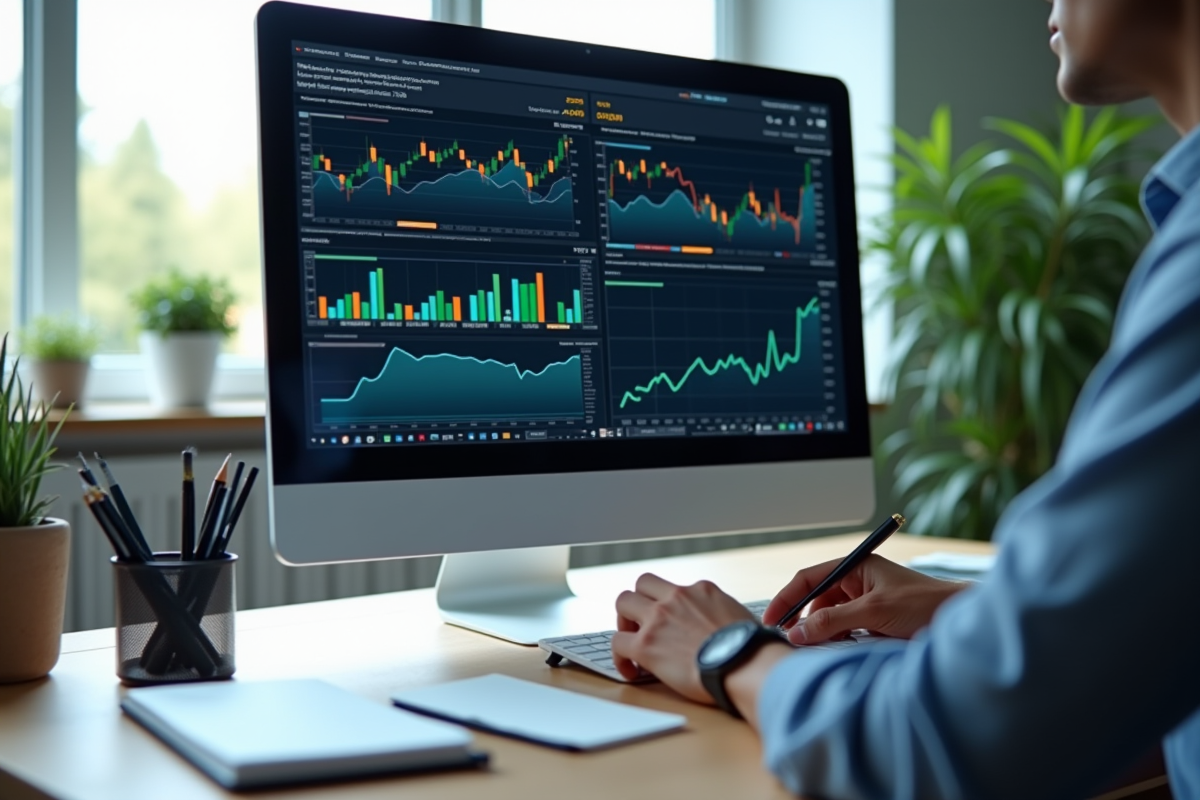 Détail d un écran avec graphiques financiers et notes manuscrites