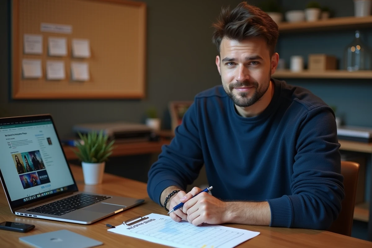 Homme organisant le suivi de ses séries télévisées avec une liste imprimée et un ordinateur portable