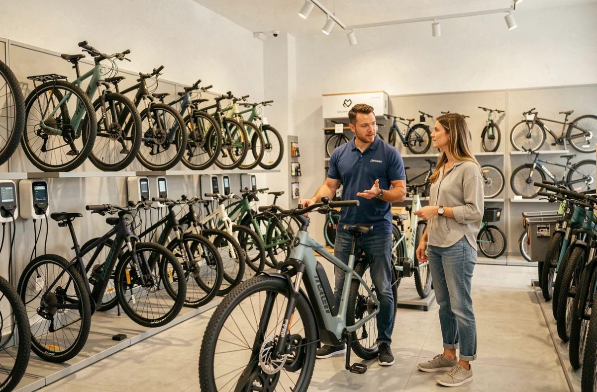 Conseiller vendeur présentant un vélo électrique polyvalent à une cliente dans la boutique Ovelo Nice