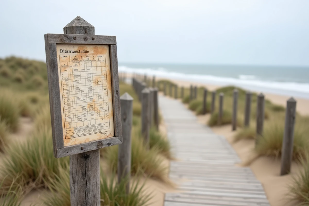Panneau d'affichage des horaires de marée sur la dune d'une plage de Saint-Hilaire-de-Riez avec vue sur l'océan Atlantique en arrière-plan