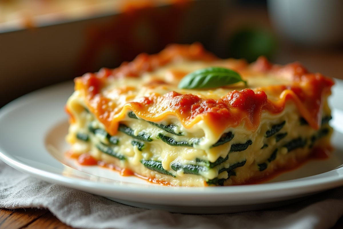 Tranche de lasagne de zucchini avec fromage fondu en gros plan