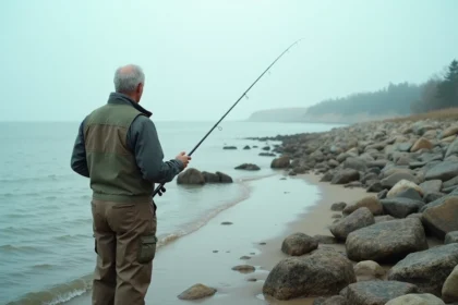Pêcheur en waders sur les rochers à marée basse à Saint-Hilaire-de-Riez, tenant une canne à pêche face aux étendues de sable découvertes
