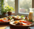 Petit déjeuner sain avec saumon oeufs et champignons près d'une fenêtre