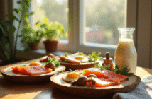 Petit déjeuner sain avec saumon oeufs et champignons près d'une fenêtre