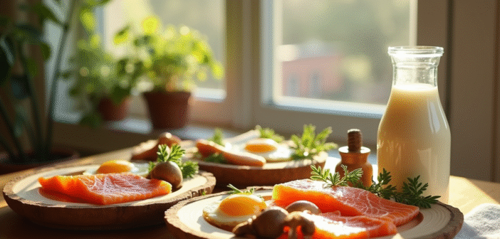 Petit déjeuner sain avec saumon oeufs et champignons près d'une fenêtre