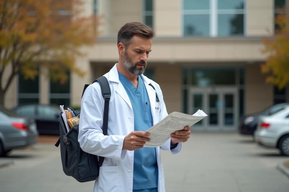 Pharmacien ARC raider consultant une carte de quête devant l'entrée d'un hôpital en automne