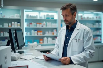 Pharmacien ARC examinant une liste de vérification de quête dans une pharmacie professionnelle moderne