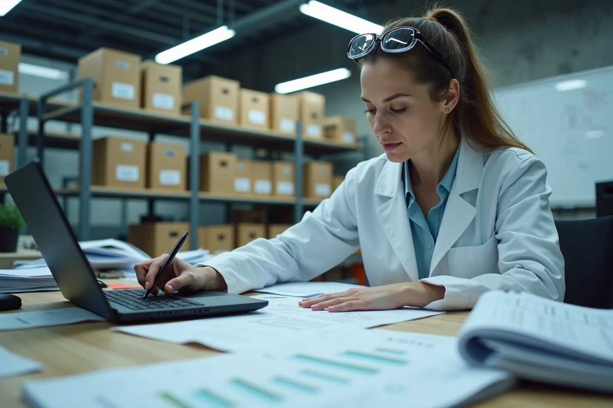 Pharmacienne ARC traçant une route optimale sur des documents de recherche clinique dans un bureau professionnel