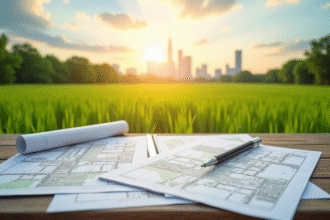 Champ vert avec documents d'urbanisme sur une table