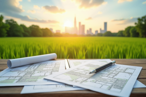 Champ vert avec documents d'urbanisme sur une table