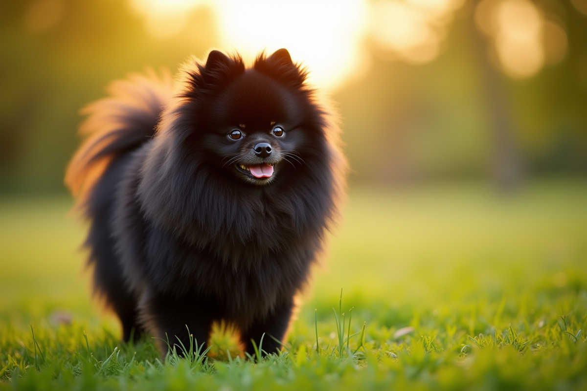 Chien Pomeranian noir dans un parc en plein air sous la lumière dorée