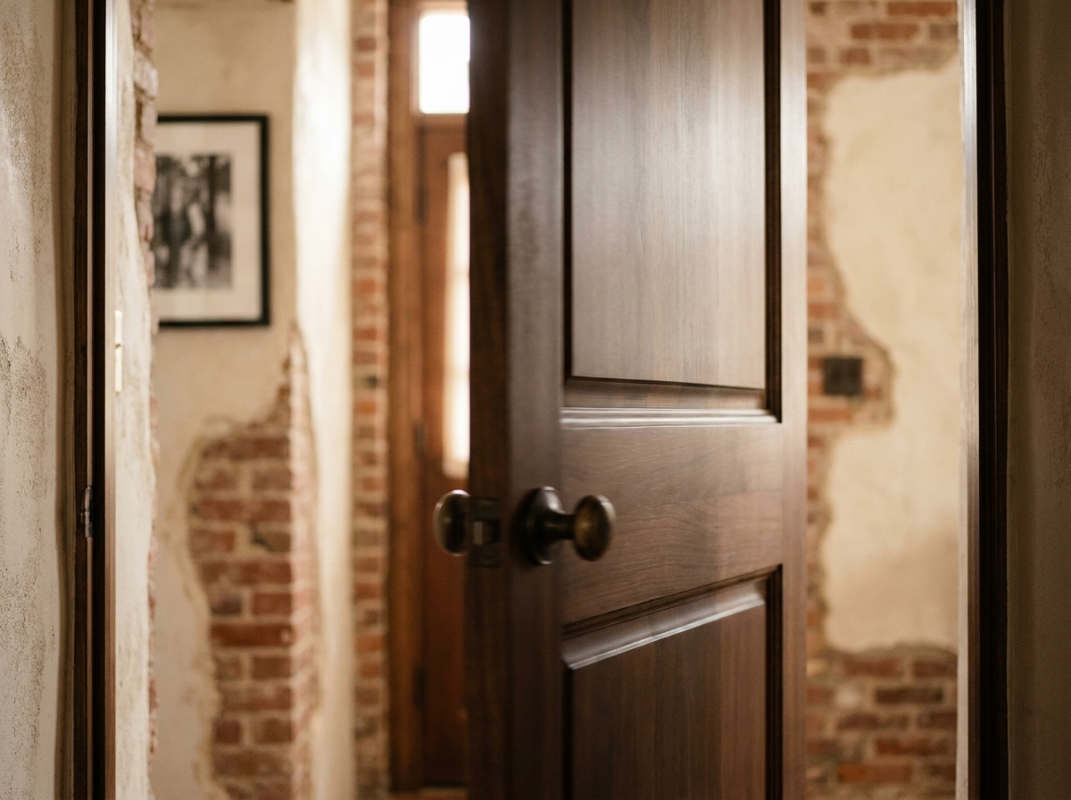 Gros plan sur une porte battante en noyer en mouvement dans un couloir décoré de briques apparentes