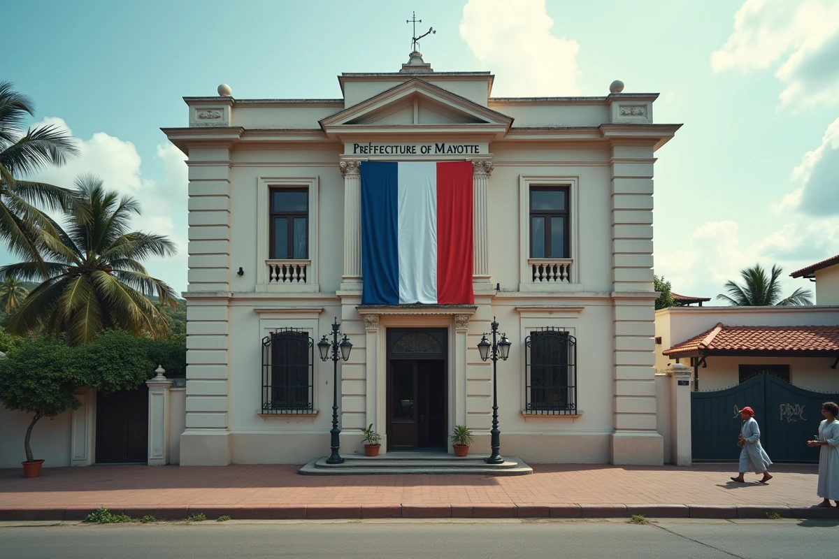 Bâtiment de la préfecture de Mayotte à Mamoudzou avec le drapeau français affiché en façade