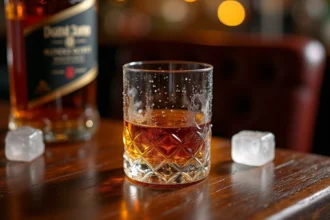 Verre de whisky Scotch ambré posé sur un comptoir en chêne sombre dans un bar classique, bouteille Johnnie Walker en arrière-plan flou