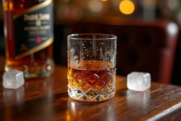 Verre de whisky Scotch ambré posé sur un comptoir en chêne sombre dans un bar classique, bouteille Johnnie Walker en arrière-plan flou