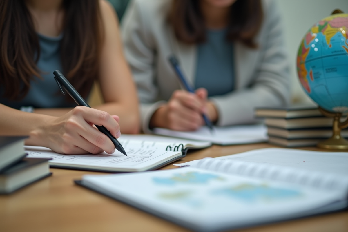 Étudiant prenant des notes sur la géographie mondiale