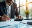 Professionnel en costume examine des documents fiscaux au bureau