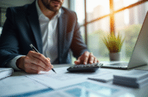 Professionnel en costume examine des documents fiscaux au bureau