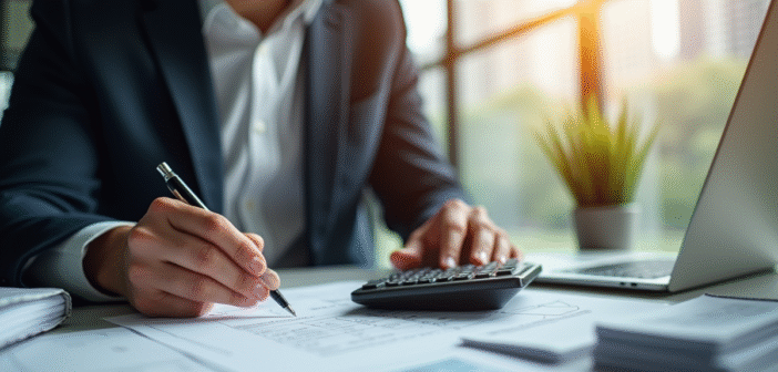 Professionnel en costume examine des documents fiscaux au bureau