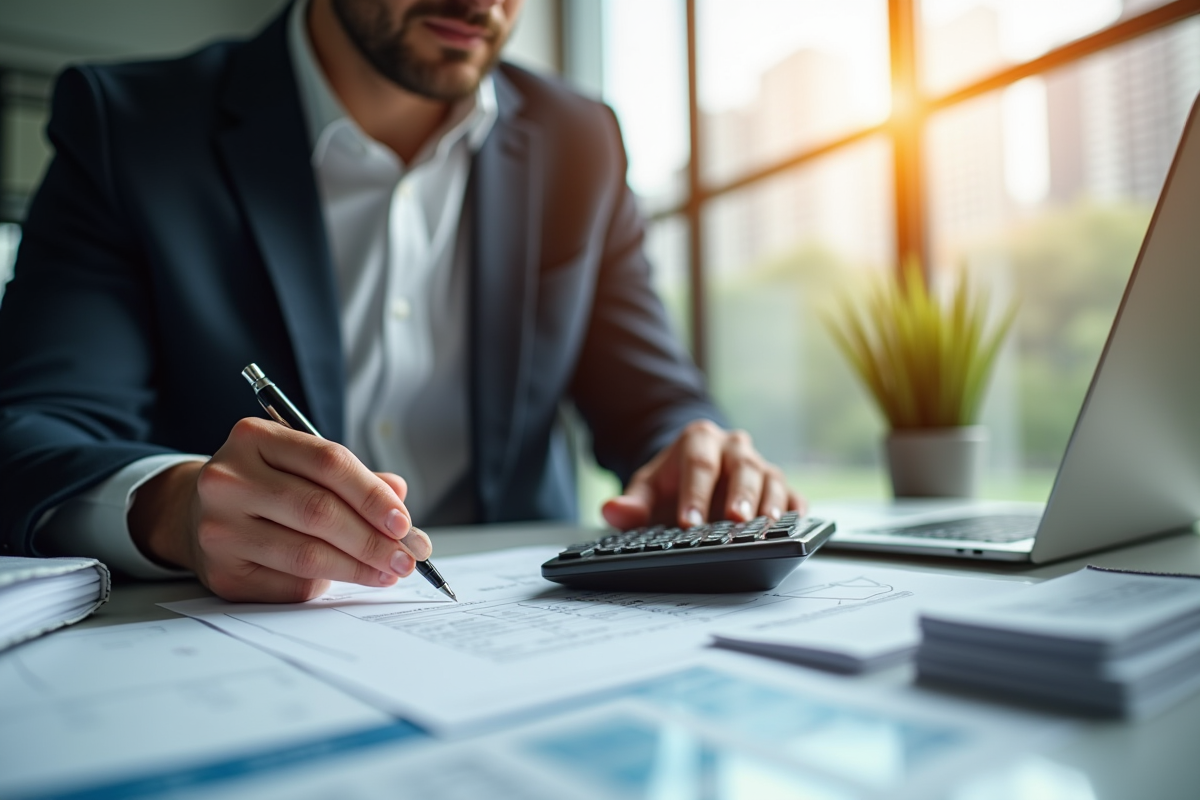Professionnel en costume examine des documents fiscaux au bureau