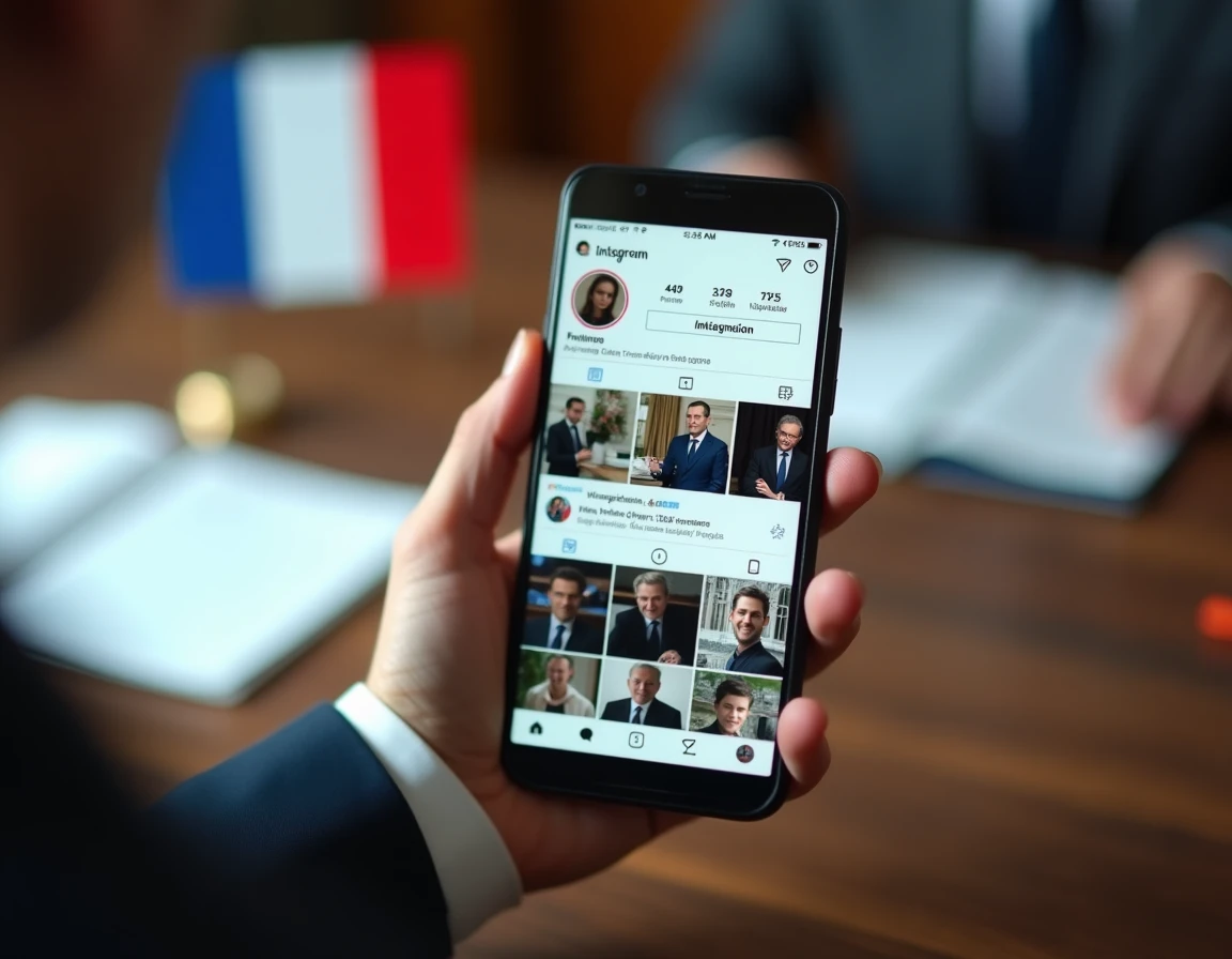 Gros plan d'un écran de smartphone affichant un profil Instagram politique avec une grille de photos de campagne professionnelles