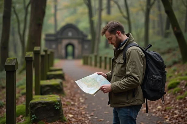 Homme avec carte dans une forêt automnale mystérieuse