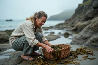 Femme récoltant du goémon et des algues comestibles sur des rochers bretons à marée basse