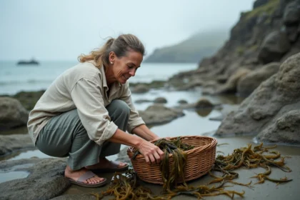 Femme récoltant du goémon et des algues comestibles sur des rochers bretons à marée basse